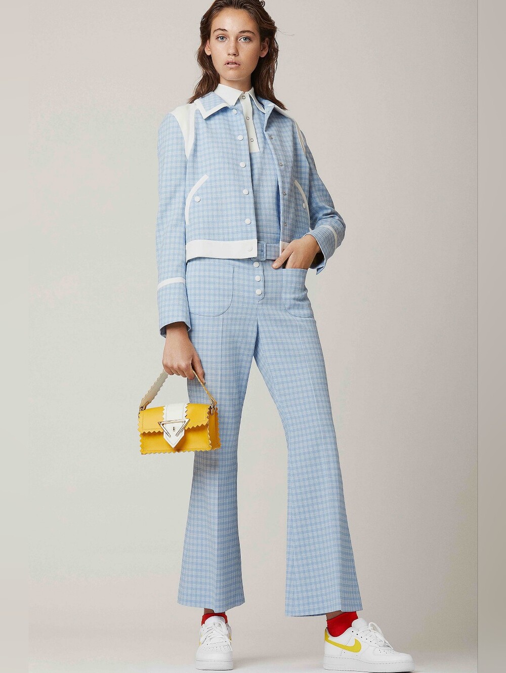 Sara Battaglia 70s Style Plaid Gingham Flare Bell  Bottom Belted Waist Pants